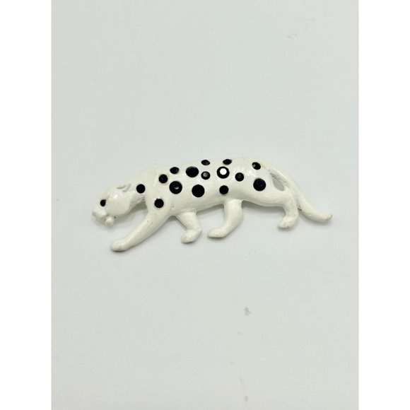 Vintage KJL Signed White Enamel Cheetah Pin Brooch Black Rhinestones Wild Cat - Picture 4 of 10